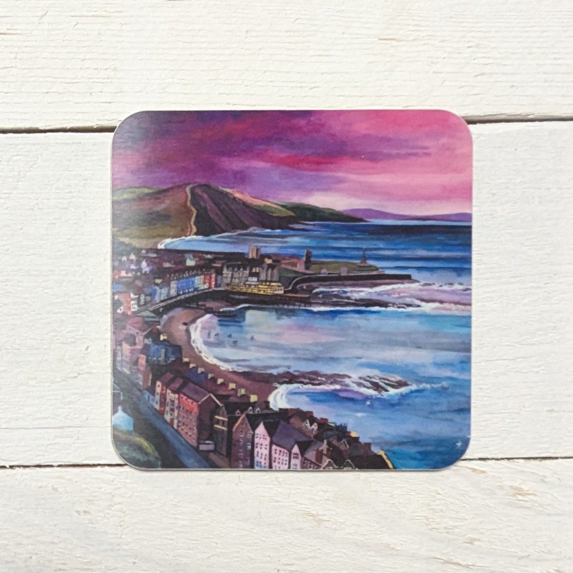 Aberystwyth pink Square Coaster by Lizzie Spikes