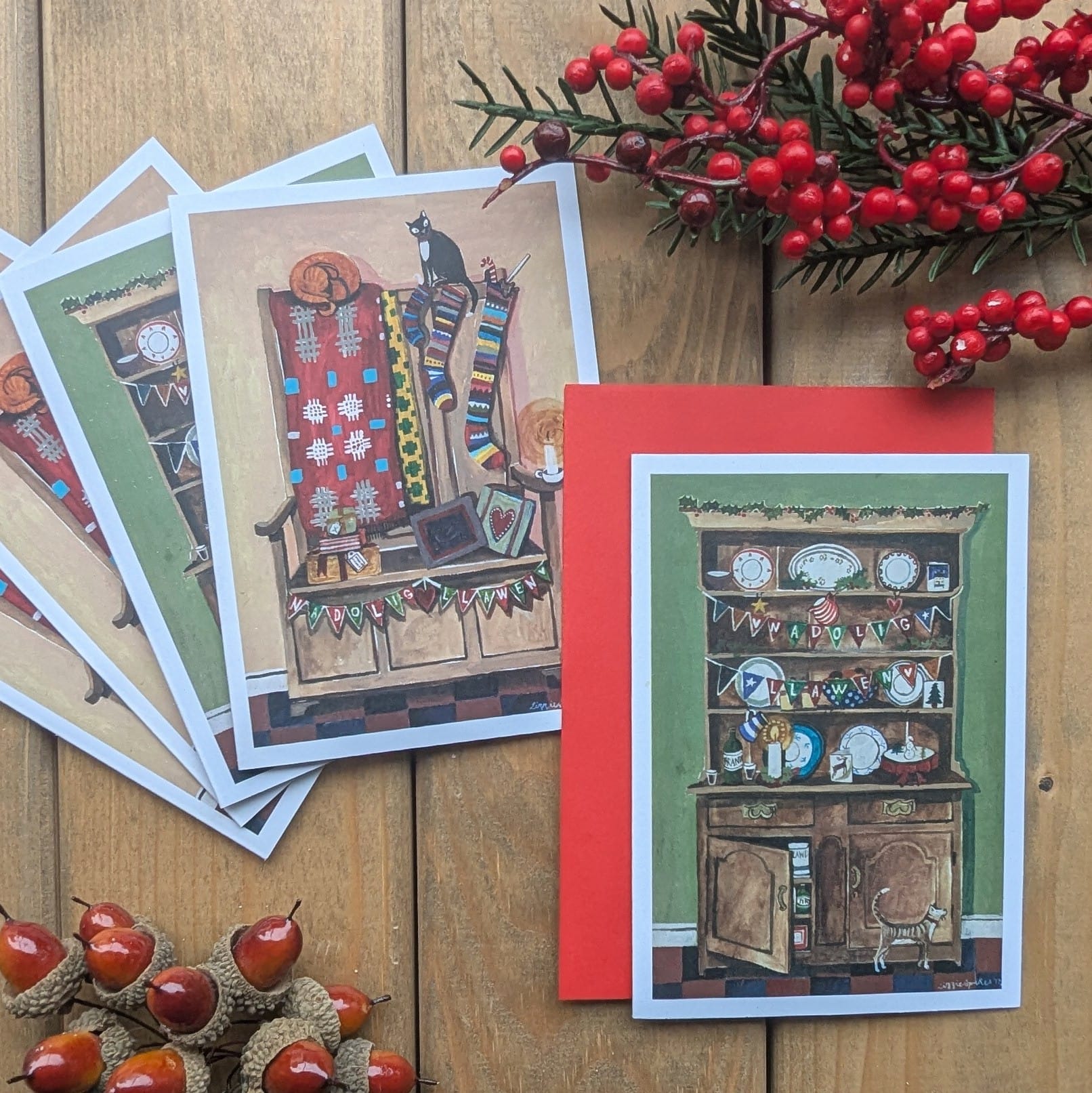 'Cathod yn y Gegin / Cathod ar Seld y Gegin' Christmas Cards by Lizzie Spikes