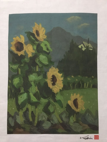 'Sunflowers with Mountains Beyond' - lliain sychu llestri Syr Kyffin Williams