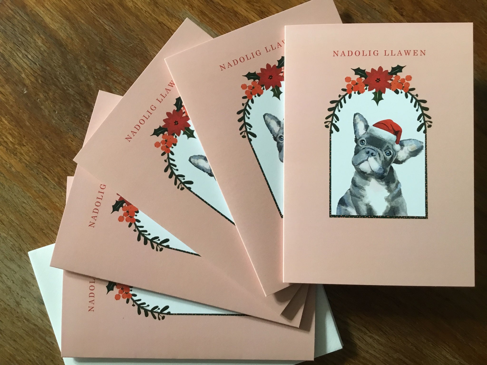 Pack of 5 Charity Christmas Cards - 'French Bulldog in Christmas hat'