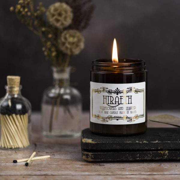 Cannwyll Nadolig mewn jar wydr ambr - 'Hiraeth'