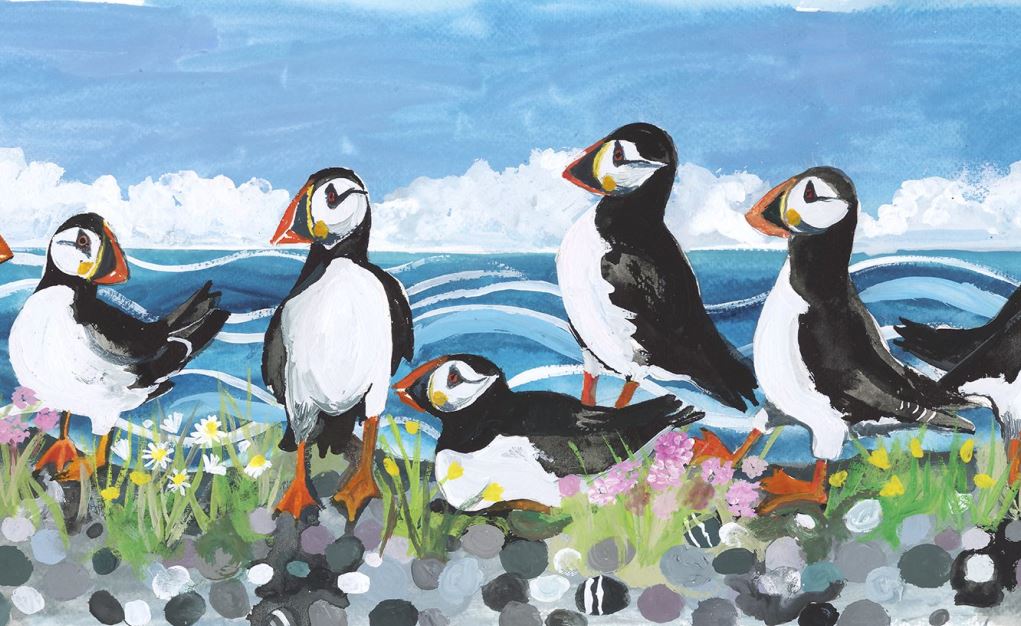 Lliain sychu llestri 'A Circus of Puffins' gan Lizzie Spikes