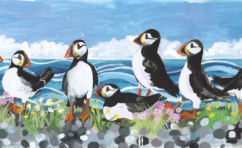 'A Circus of Puffins' tea towel by Lizzie Spikes