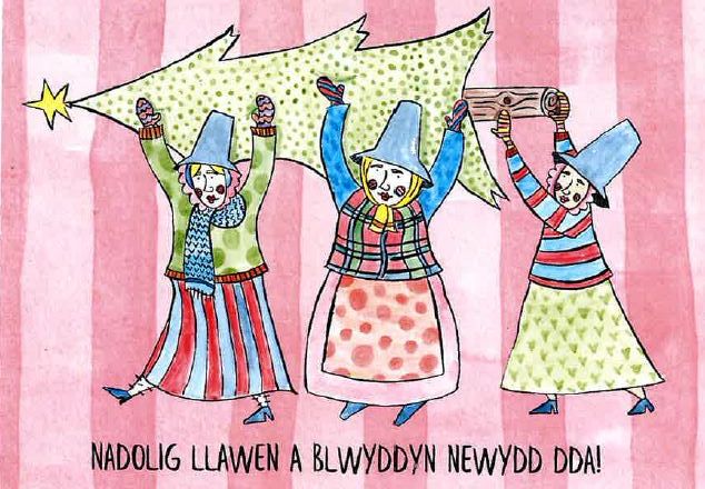 Pecyn o 6 Cerdyn Nadolig 'Lêdis Cymreig yn Dathlu' gan Cardiau Cardi