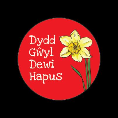 Bathodyn botwm 'Dydd Gŵyl Dewi Hapus' (cenhinen Bedr)