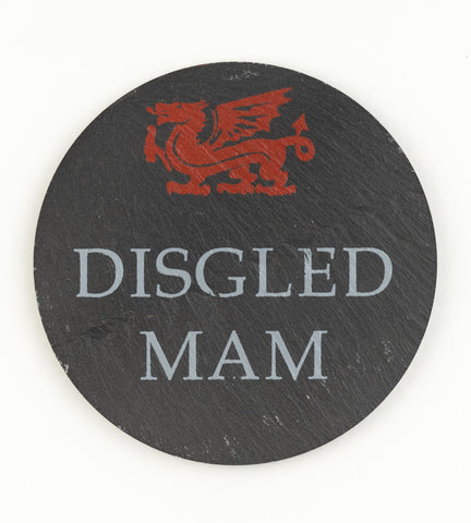 Round slate coaster 'Disgled Mam' (red dragon)