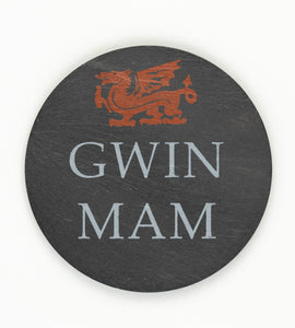Mat diod llechen, crwn 'Gwin Mam'