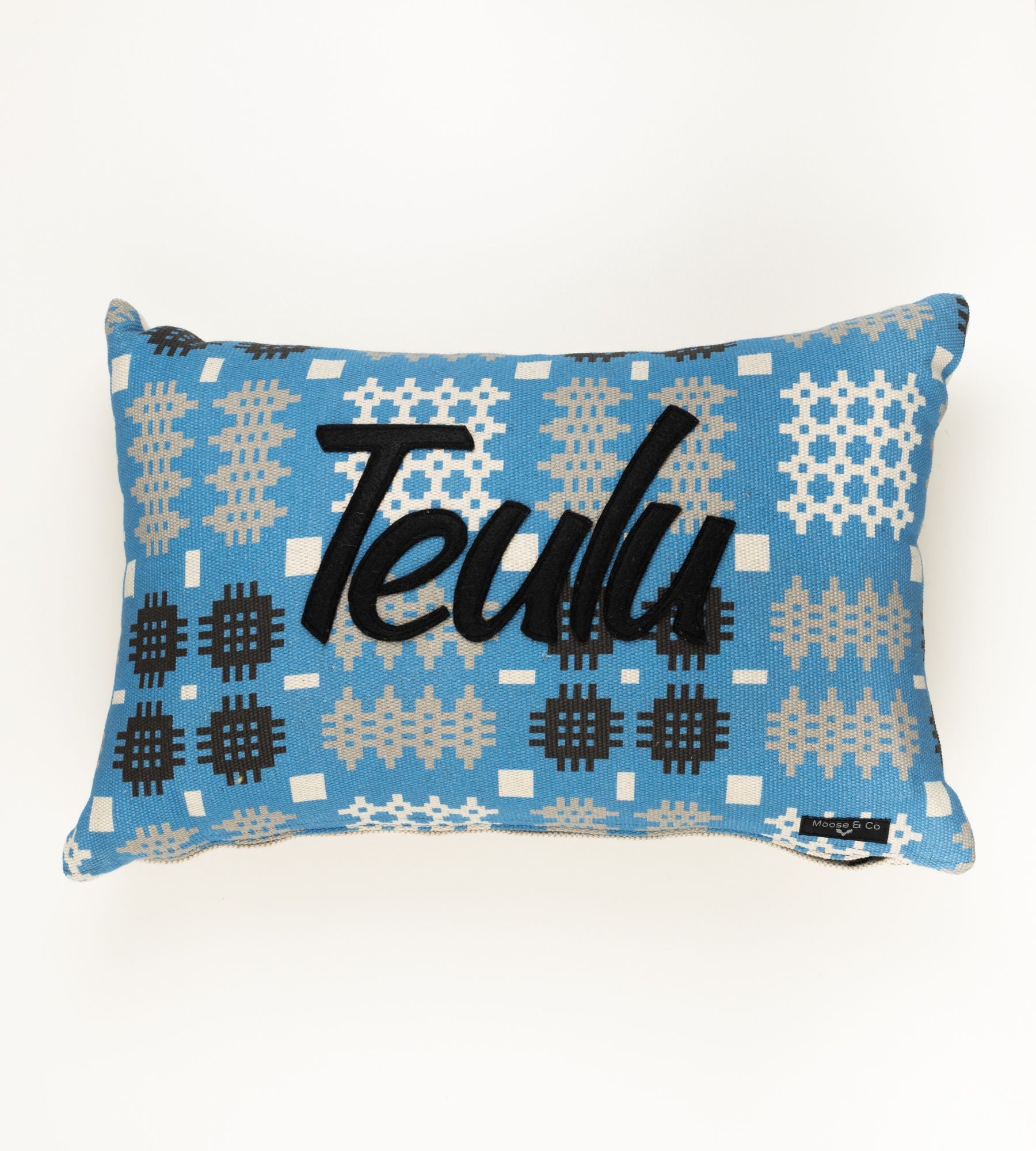 Welsh tapestry print 'Teulu' cushion blue