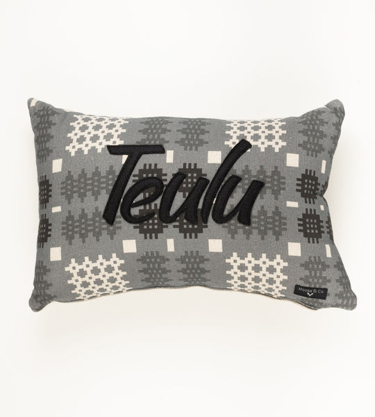 Welsh tapestry print 'Teulu' cushion grey