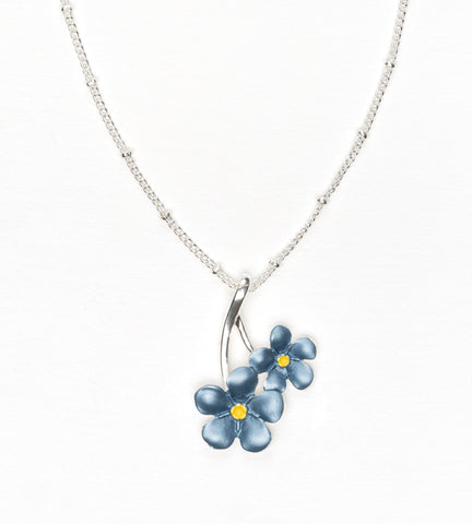 Enamel forget-me-not pendant on silver-plated chain